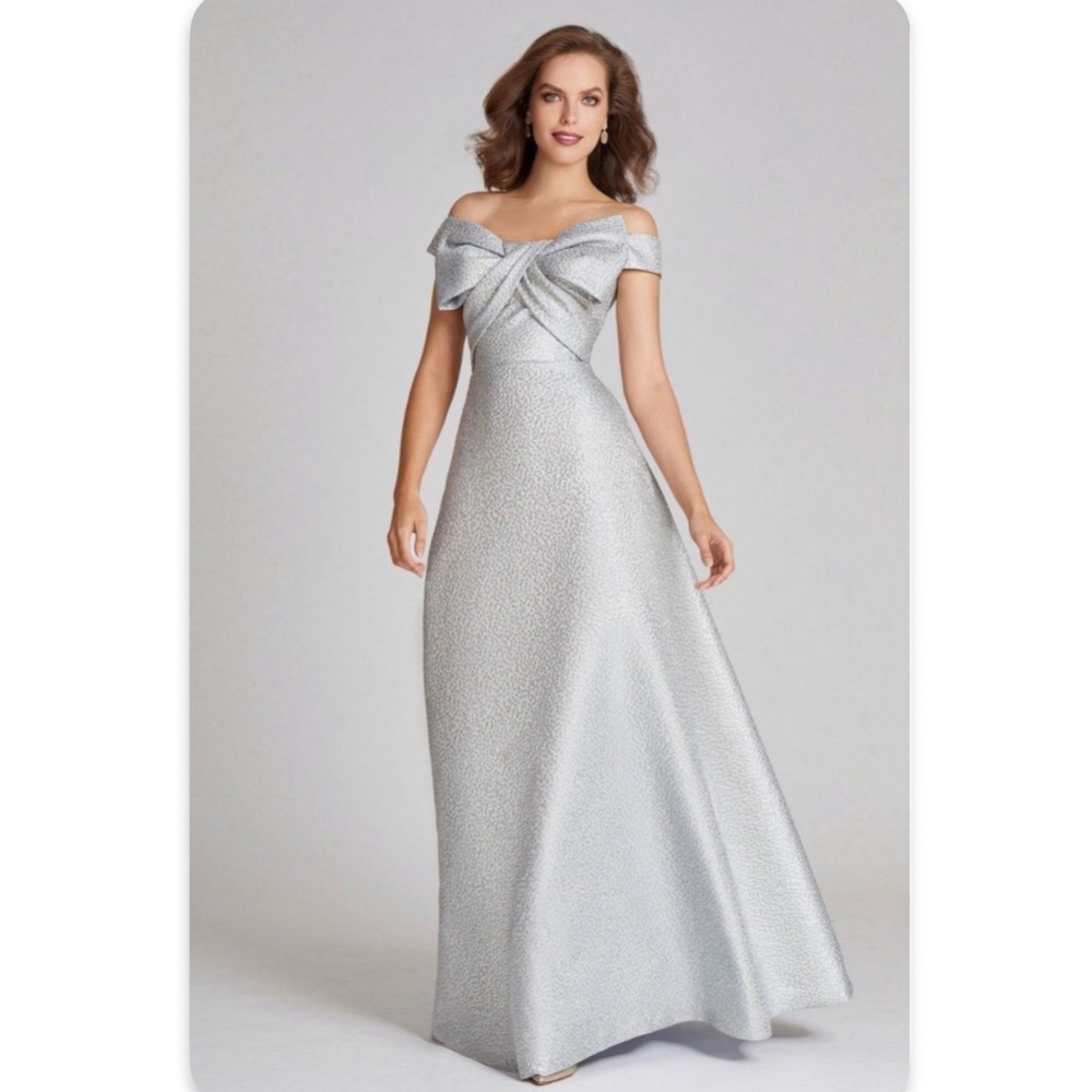 Rickie Freeman for Teri Jon Silver Off-Shoulder Evening Gown